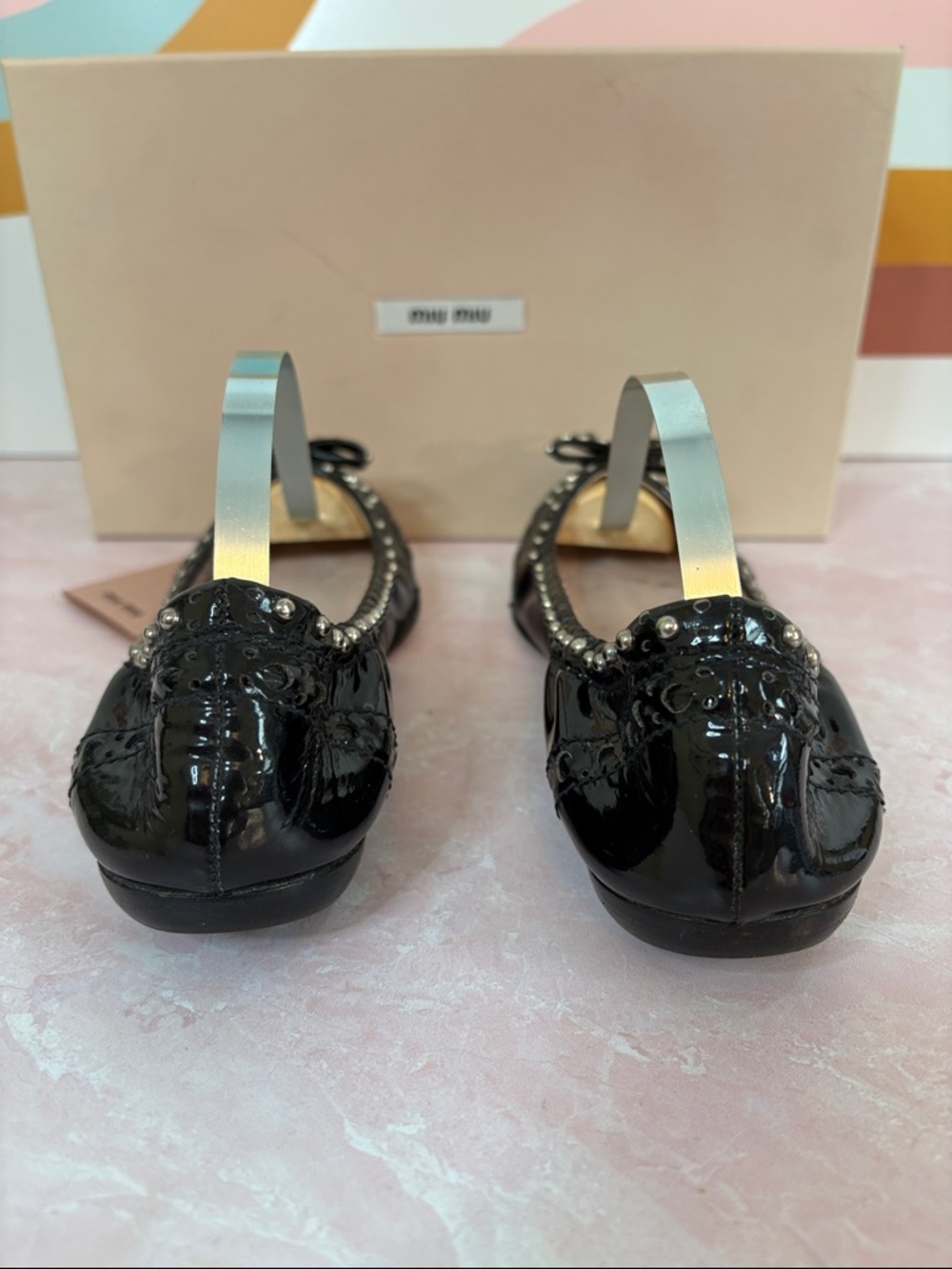 Miu Miu Calzature Vernice Black Patent Studded Bow Pointed Ballet Flats 37/ us7 - Picture 6 of 7